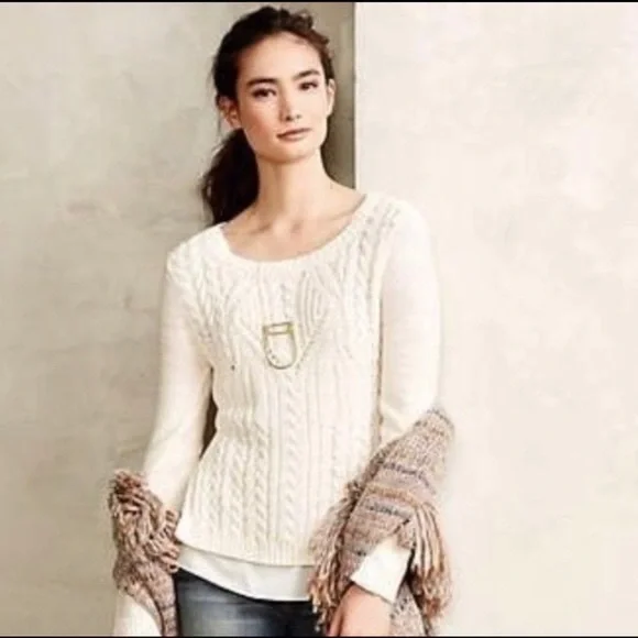 Anthropologie Moth Layered Cable Knit Ella Sweater in‎ Ivory - Picture 2 of 8